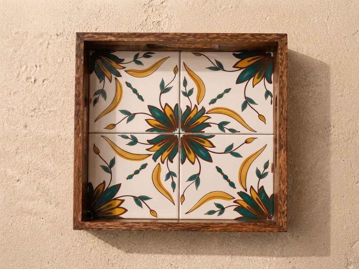 plateau-bois-carreaux-fleur-verte Plateau artisanal – Image 1