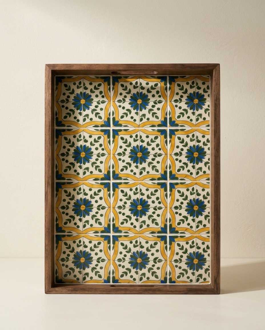 plateau-bois-carreaux-fleurs Plateau Andalou Bleu & Or – Image 1