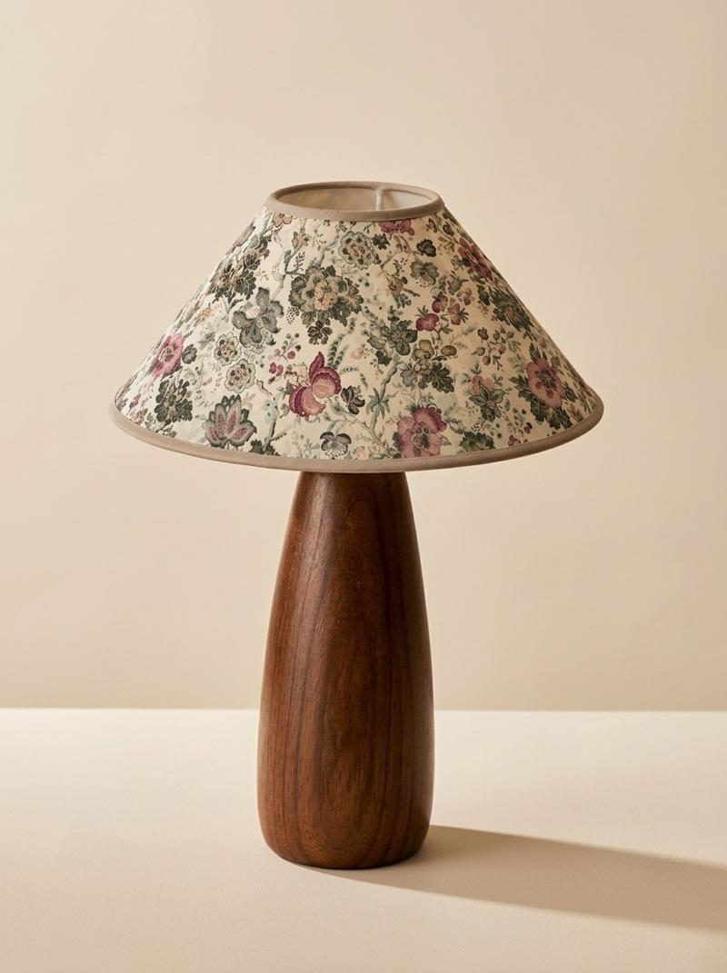sougui_lampe_pied_bois_conique_abat_jour_fleuri_woocommerce Lys vintage – Image 1