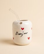 Gobelet Amour en Céramique avec Paille en Verre – Bonjour et Je t'aime – Image 2