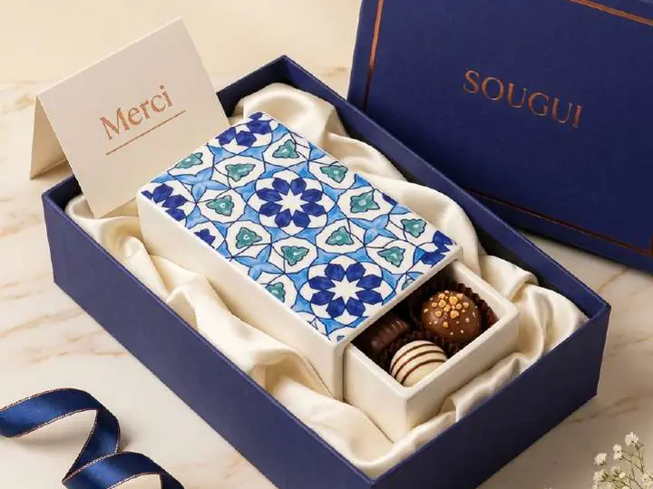 Coffret Zellige : boîte en céramique peinte main et chocolats dans un écrin bleu