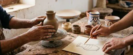 Mains d'artisans façonnant une poterie sur le tour