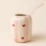 Gobelet à Paille en Verre Cœurs Rayé Rose en Céramique